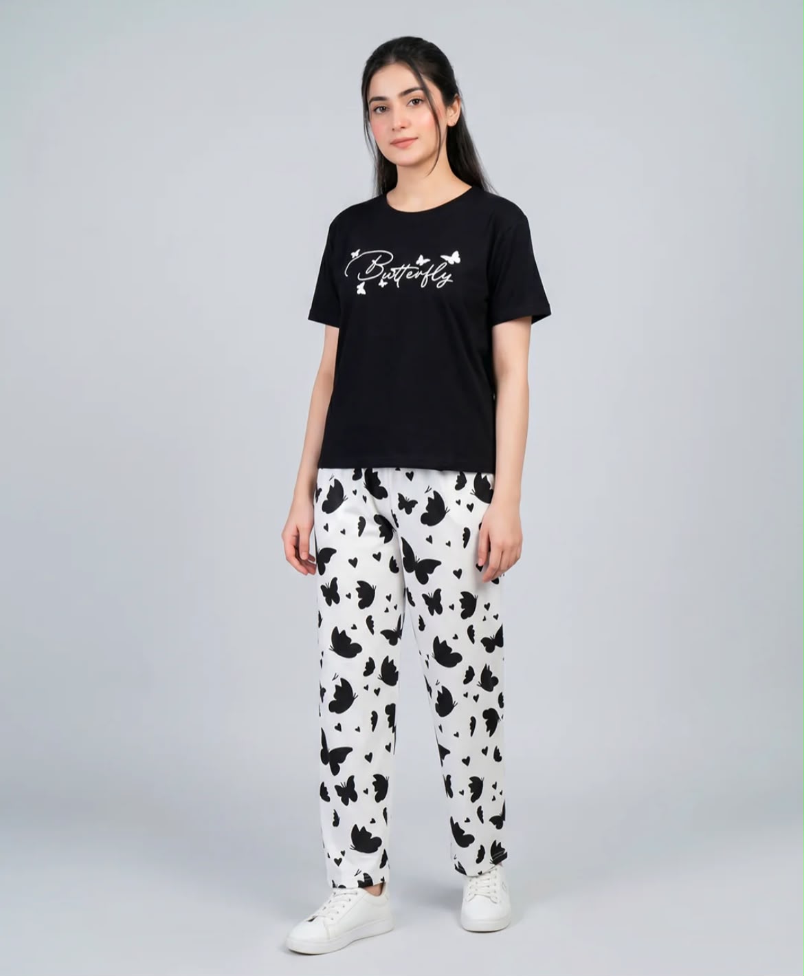 Black Butterfly Print Pajama Set