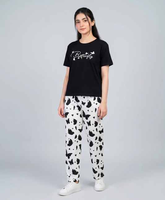 Black Butterfly Print Pajama Set