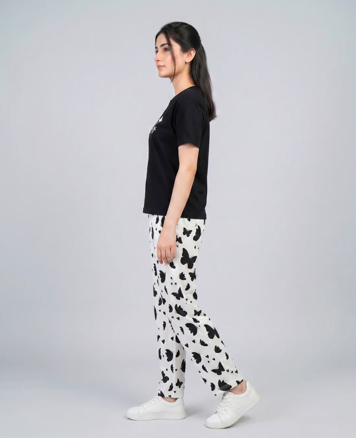 Black Butterfly Print Pajama Set