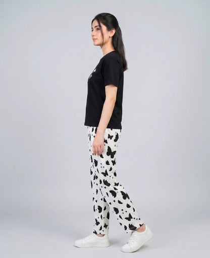 Black Butterfly Print Pajama Set