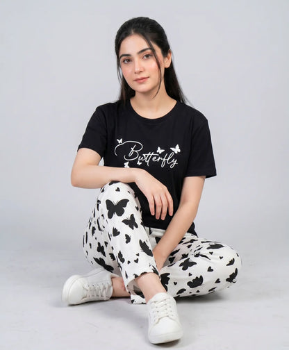 Black Butterfly Print Pajama Set