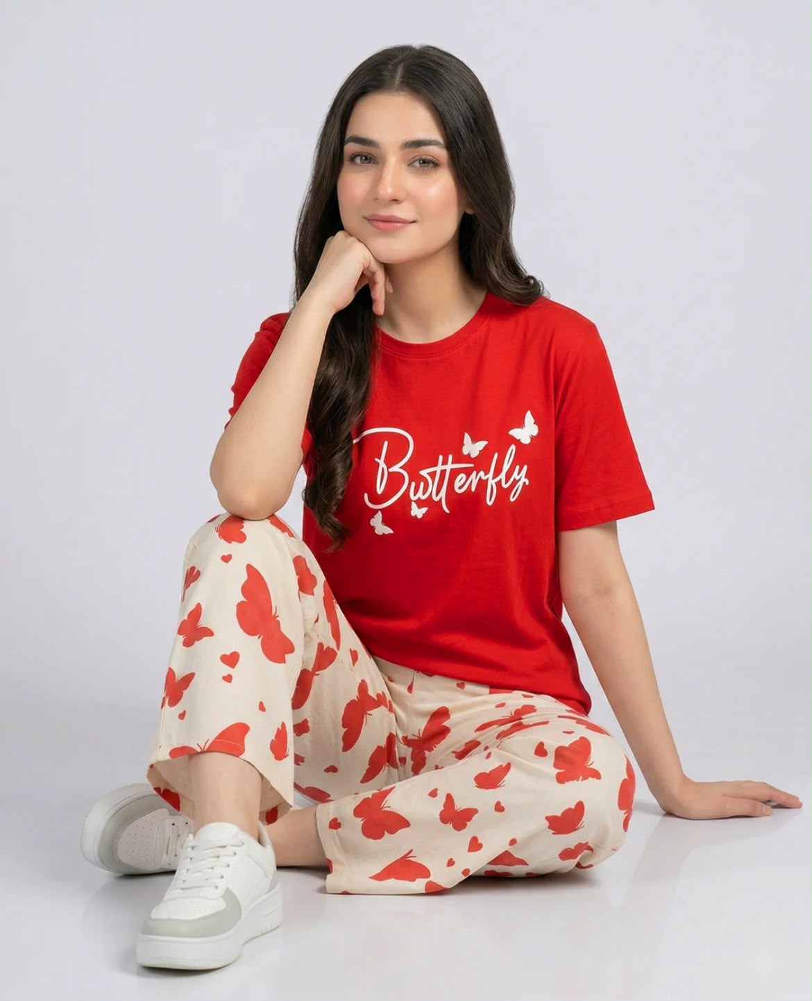 Red Butterfly Print Pajama Set