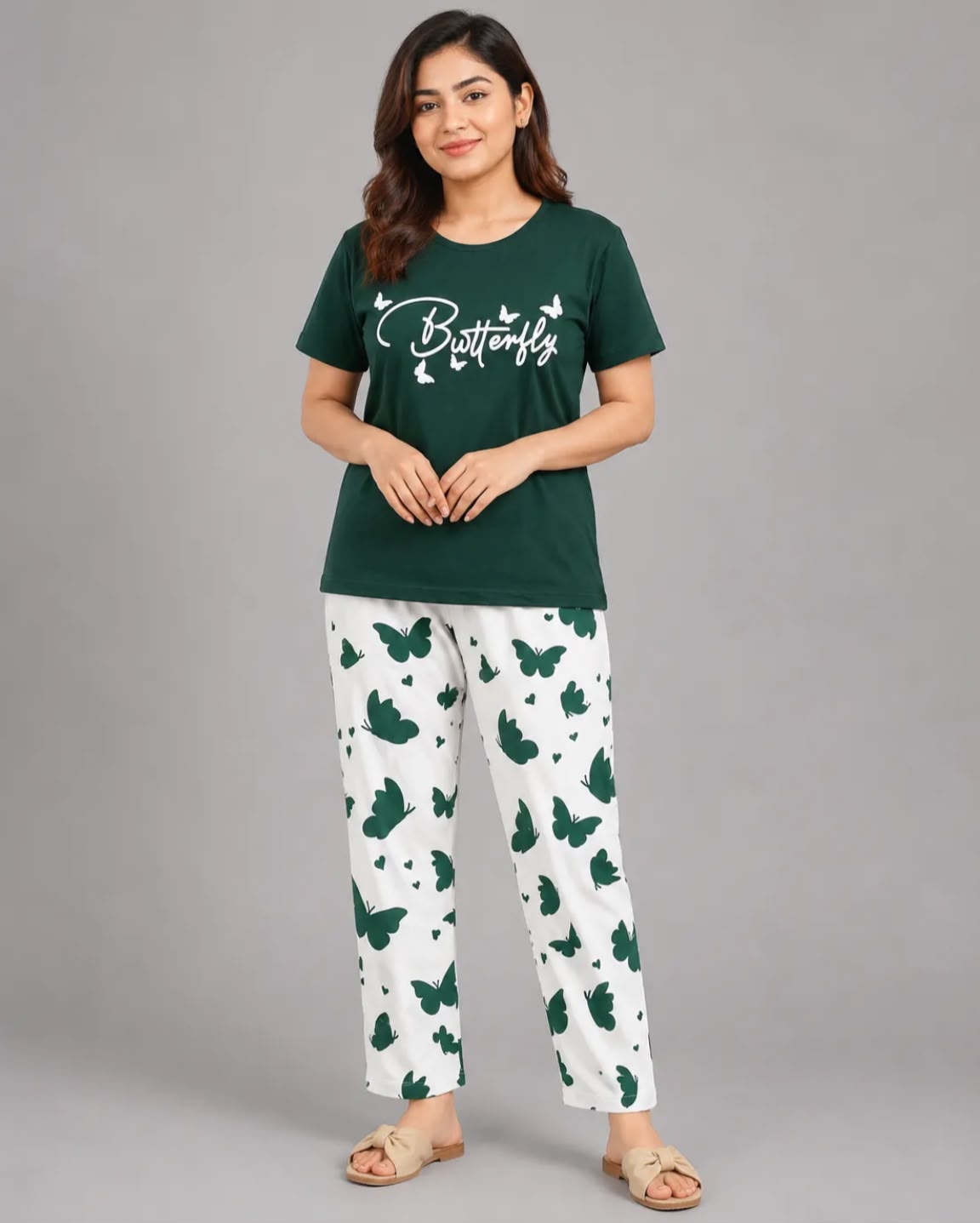 Green Butterfly Print Pajama Set