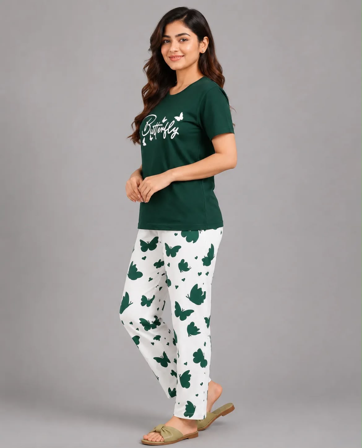 Green Butterfly Print Pajama Set