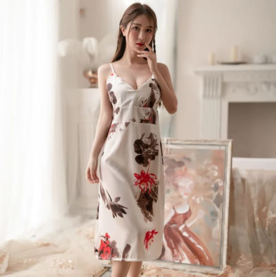 Romantic White Silk Slip Dress with Floral Ink Print – Women’s Nightwear