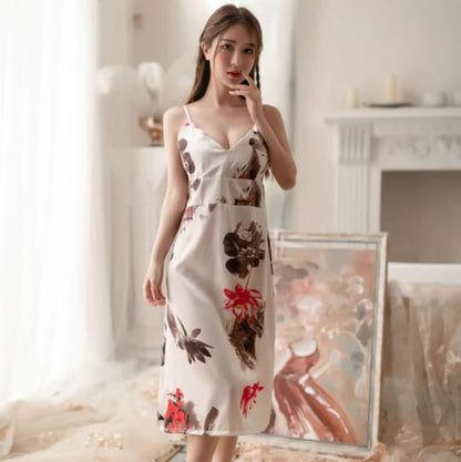 Romantic White Silk Slip Dress with Floral Ink Print – Women’s Nightwear