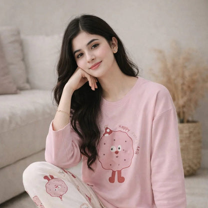 pink donut design night suit premium fabric for girls and woman