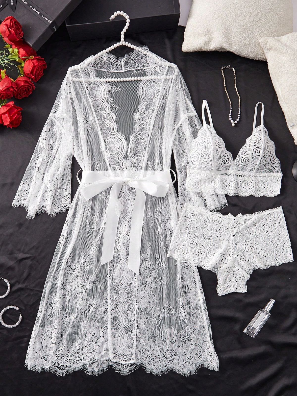 Premium 4-Piece Floral Net Nighty Set