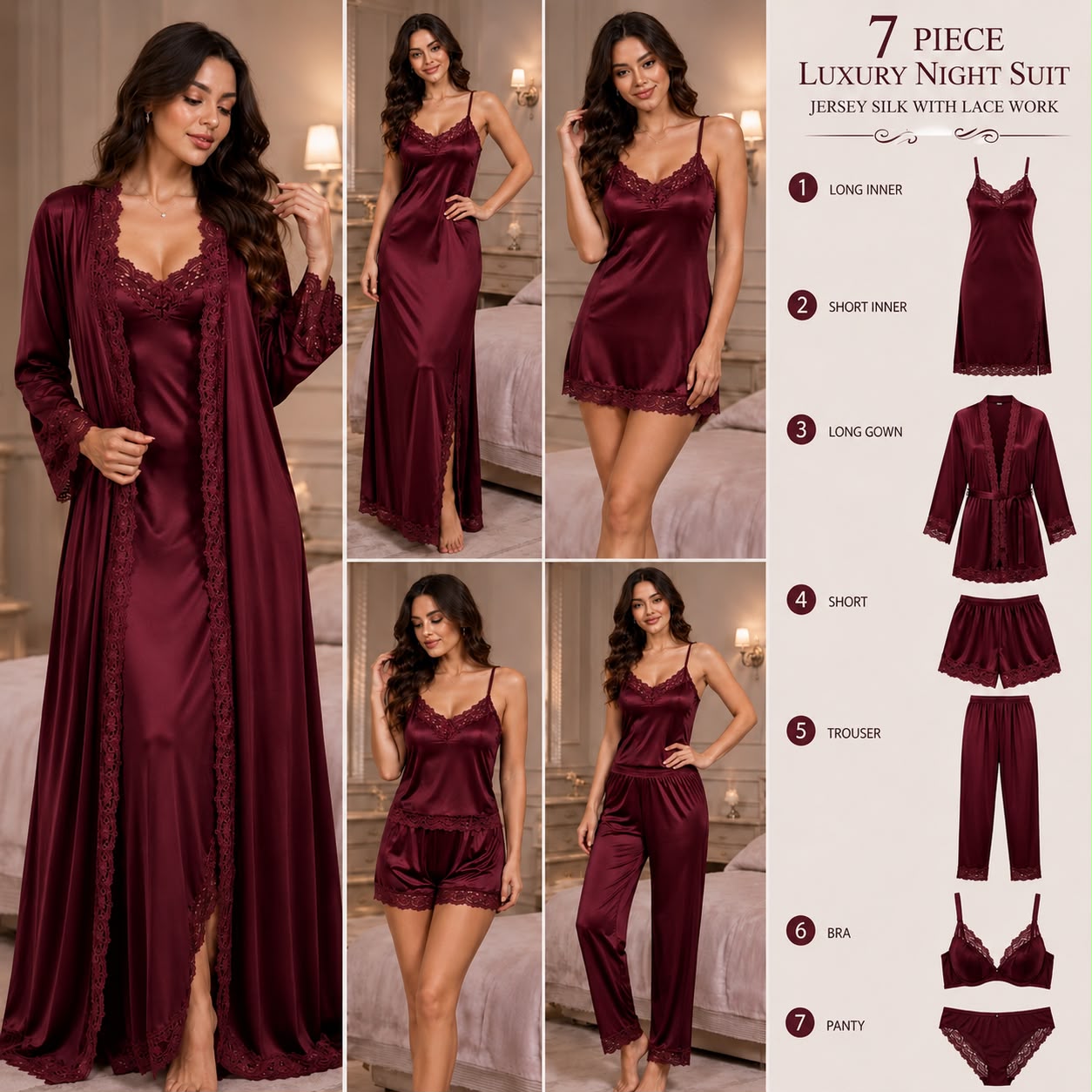 7 Piece Luxury Silk Nightwear Set