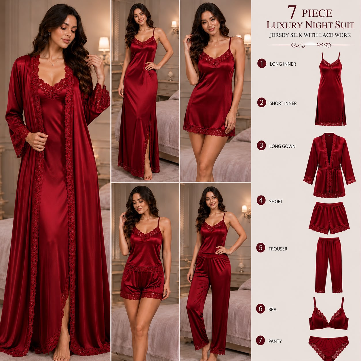7 Piece Luxury Silk Nightwear Set