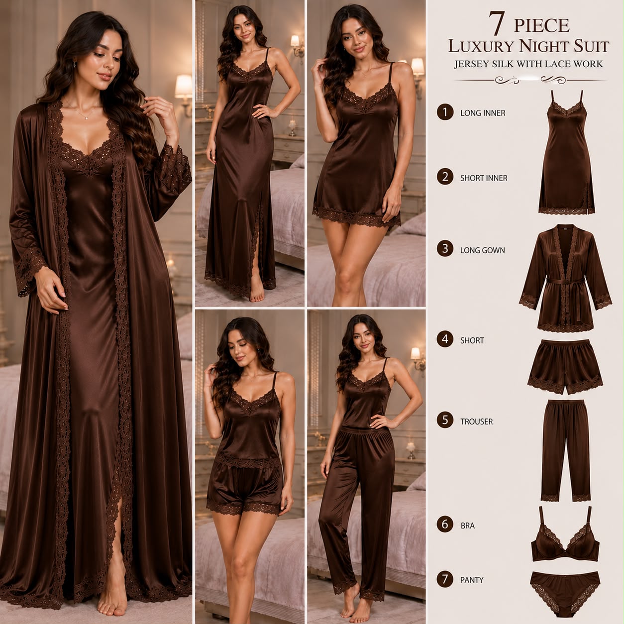 7 Piece Luxury Silk Nightwear Set