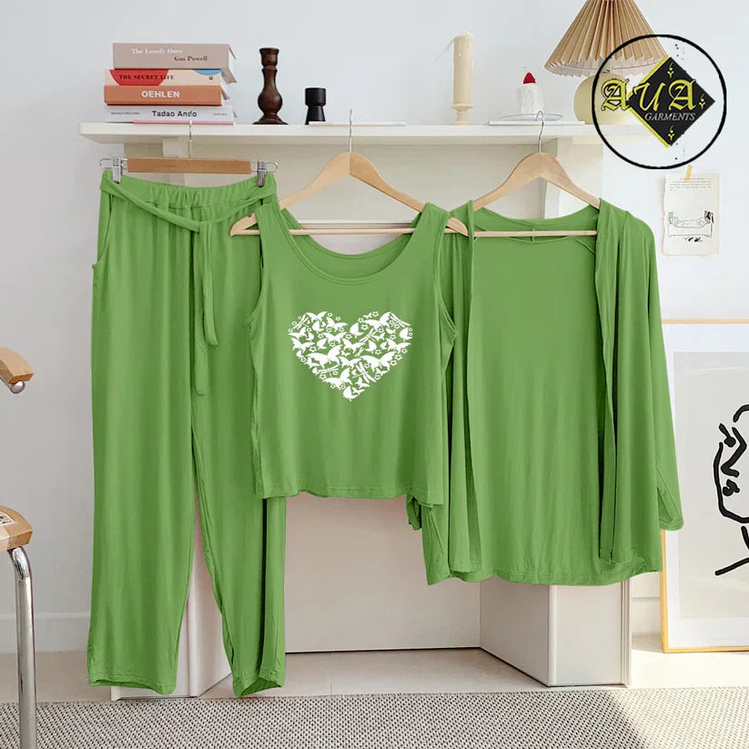 Sea Green 3 Piece Lounge wear Nightwear Sleepwear For Women