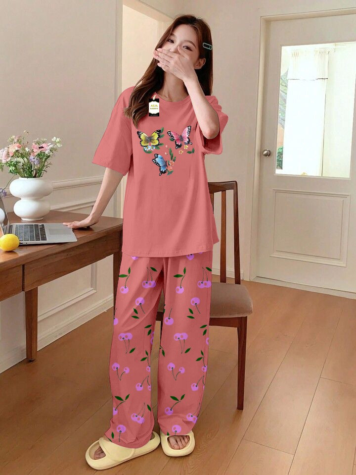 Printed Half-Sleeved Vest For Leisure Home Wear Female Sleepwear Night Dress