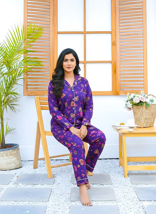 Imported Linen Printed Purple Pink Heart PJ Set-LP25