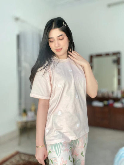 Peach Pajama Printed Night Suit