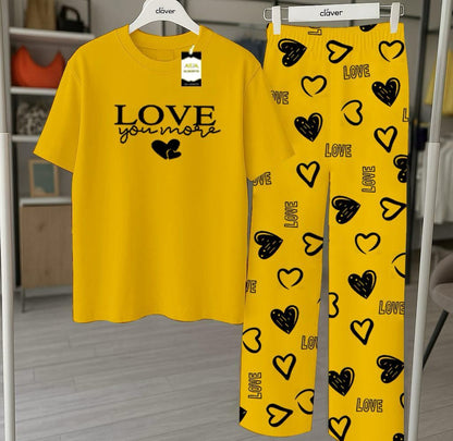 Yellow Printed Nightwear Set With Love Heart Printed Trousers – Women's Lounge Wear