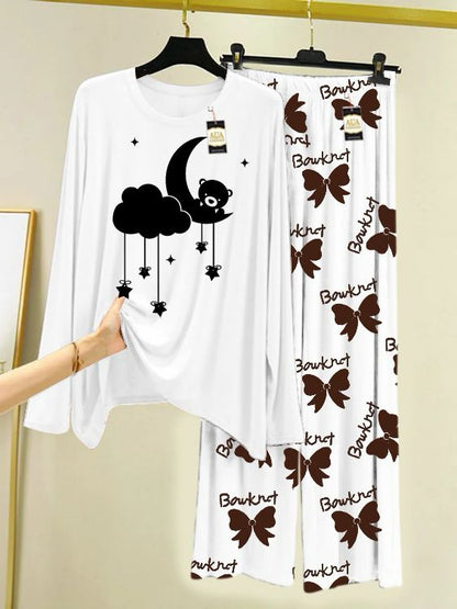 white Printed Nightwear Set with Boo Printed Trousers – Women's Lounge Wear