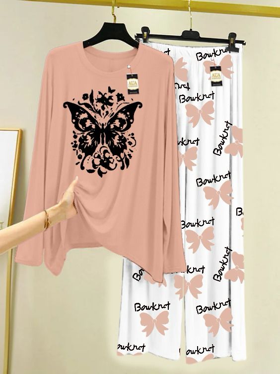 Peach Printed Nightwear Set with Boo Printed Trousers – Women's Lounge Wear