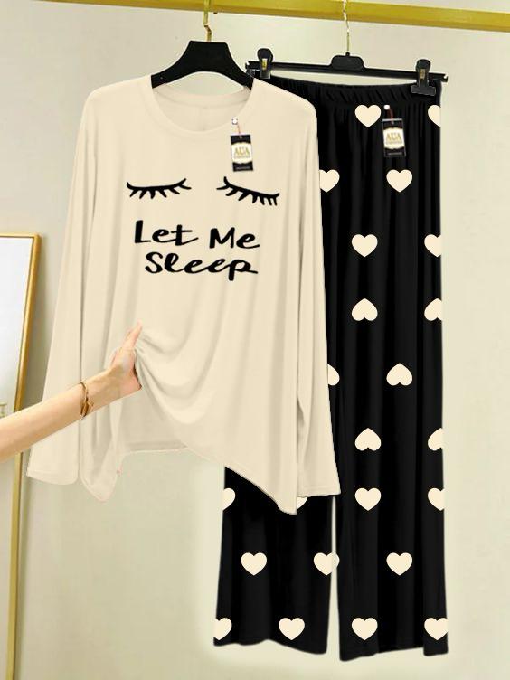 Off white Printed Nightwear Set with Black Mini Heart Printed Trousers – Women's Lounge Wear