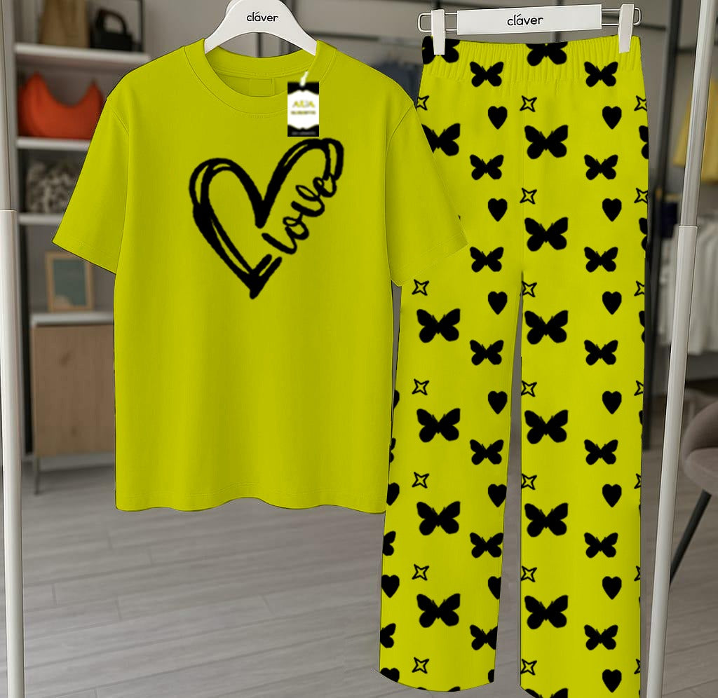 Green Printed Nightwear Set With Star Butterfly Printed Trousers – Women's Lounge Wear
