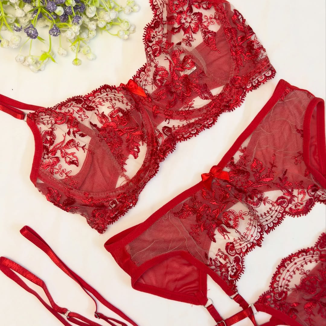 Bold Red Floral Lace Bra & Panty Set