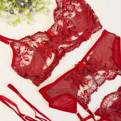Bold Red Floral Lace Bra & Panty Set