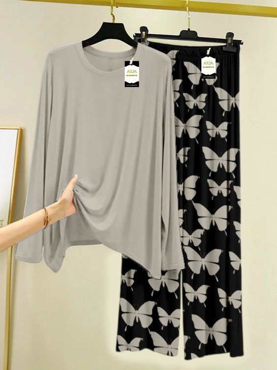 Plan Printed Nightwear Set With Black Butterfly Printed Trousers – Women's Lounge Wear