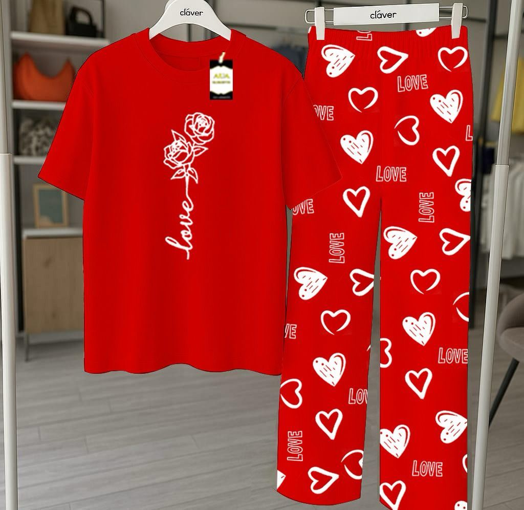 RED  Printed Nightwear Set With Love Heart Printed Trousers – Women's Lounge Wear