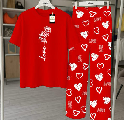 RED  Printed Nightwear Set With Love Heart Printed Trousers – Women's Lounge Wear