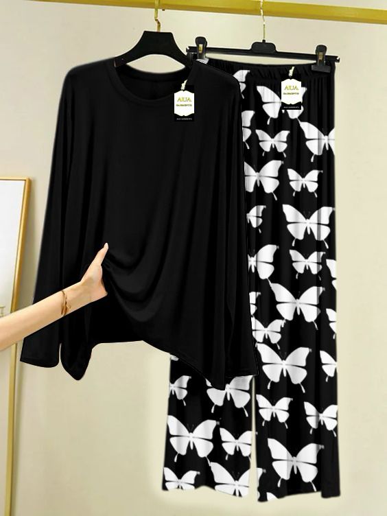 Plan Printed Nightwear Set With Black Butterfly Printed Trousers – Women's Lounge Wear