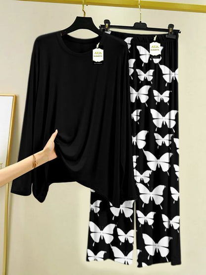 Plan Printed Nightwear Set With Black Butterfly Printed Trousers – Women's Lounge Wear