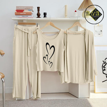 3 Piece Lounge wear Nightwear Sleepwear For Women Beige