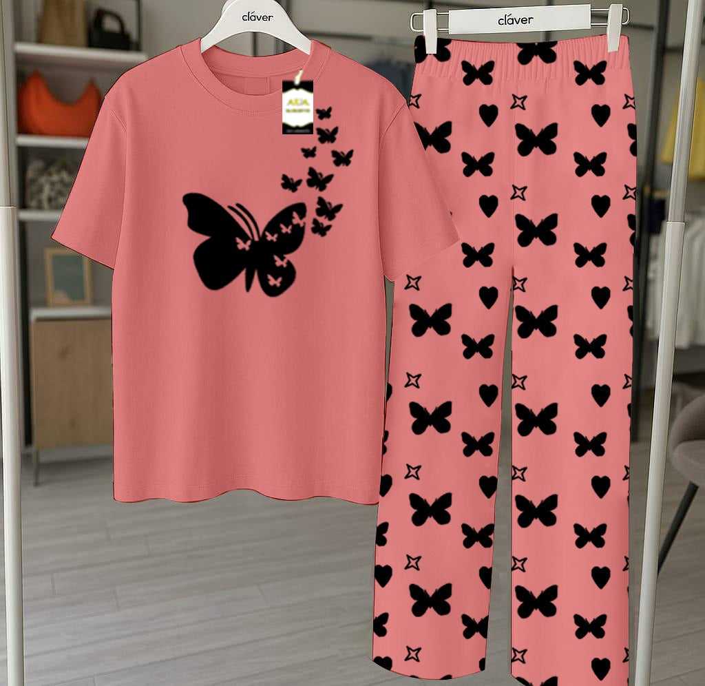 Peach Printed Nightwear Set With Star Butterfly Printed Trousers – Women's Lounge Wear