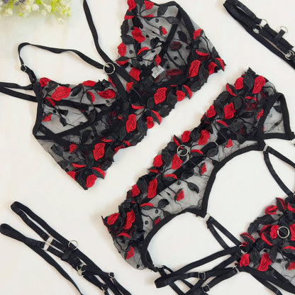 Edgy Black & Red Strappy 3-Piece Lingerie Set