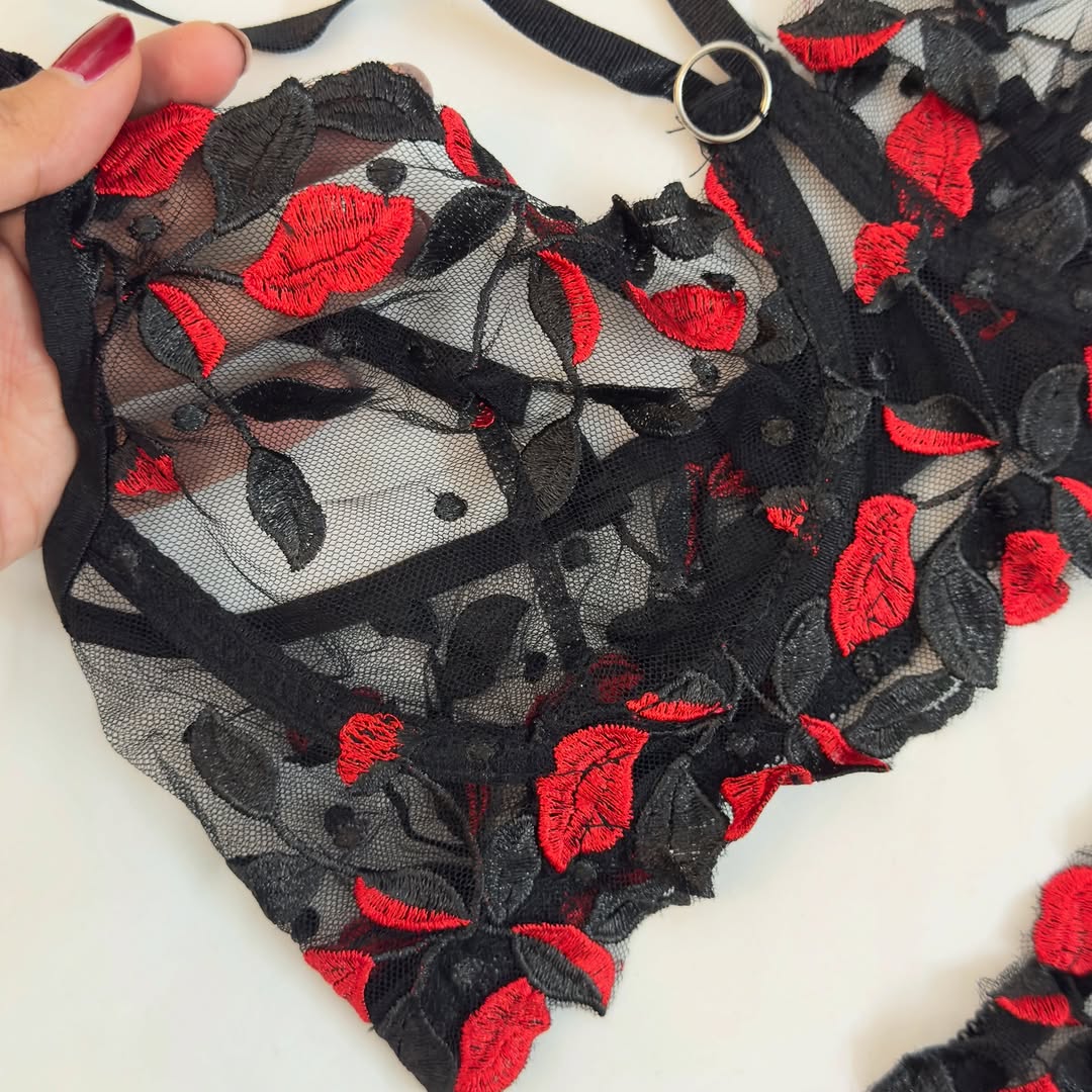 Edgy Black & Red Strappy 3-Piece Lingerie Set
