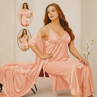 Luxury 4-Piece Silk Nightwear Set – Nightgown, Slip & Satin Robe Combo