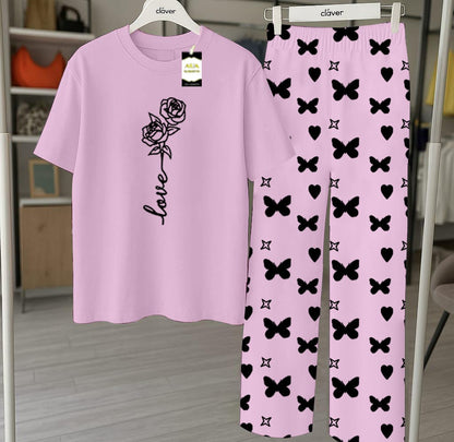 Purple Printed Nightwear Set With Star Butterfly Printed Trousers – Women's Lounge Wear