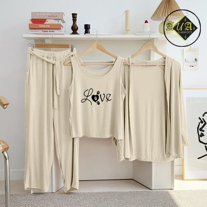 3 Piece Lounge wear Nightwear Sleepwear For Women Beige