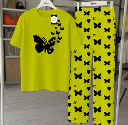 Green Printed Nightwear Set With Star Butterfly Printed Trousers – Women's Lounge Wear