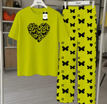 Green Printed Nightwear Set With Star Butterfly Printed Trousers – Women's Lounge Wear