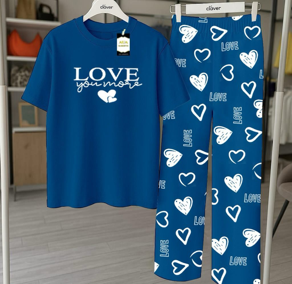 RED GOOD NIGHT Printed Nightwear Set With Love Heart Printed Trousers – Women's Lounge Wear
