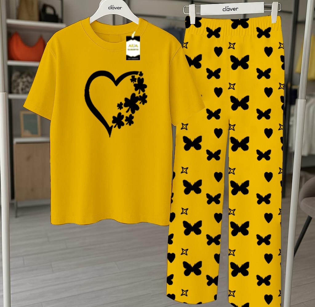 Yellow Printed Nightwear Set With Star Butterfly Printed Trousers – Women's Lounge Wear