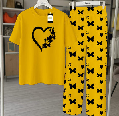 Yellow Printed Nightwear Set With Star Butterfly Printed Trousers – Women's Lounge Wear