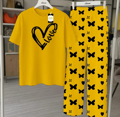 Yellow Printed Nightwear Set With Star Butterfly Printed Trousers – Women's Lounge Wear