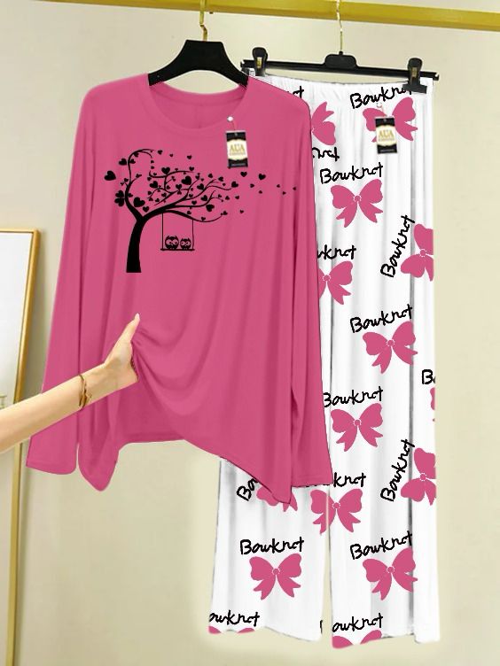 Baby Pink Printed Nightwear Set With Boo  Printed Trousers – Women's Lounge Wear
