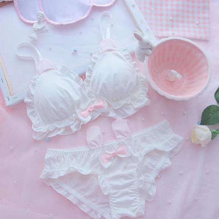 White & Pink Floral Embroidered Bra Panty Set