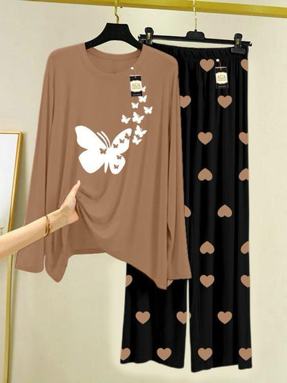 LIGHT BROWN LET ME SLEEP Printed Nightwear Set with Black Mini Heart Printed Trousers – Women's Lounge Wear