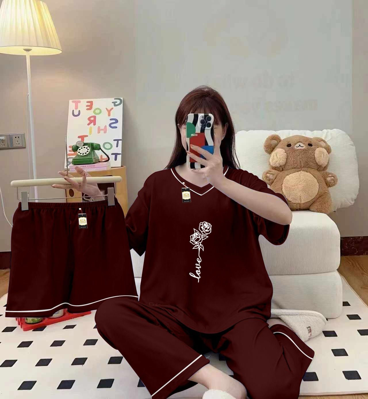 3-Piece Cami Nightwear Set for Women with Elegant White Borders MAROON