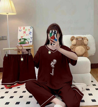 3-Piece Cami Nightwear Set for Women with Elegant White Borders MAROON