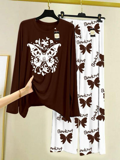 Brown  Printed Nightwear Set with Flower Printed Trousers – Women's Lounge Wear